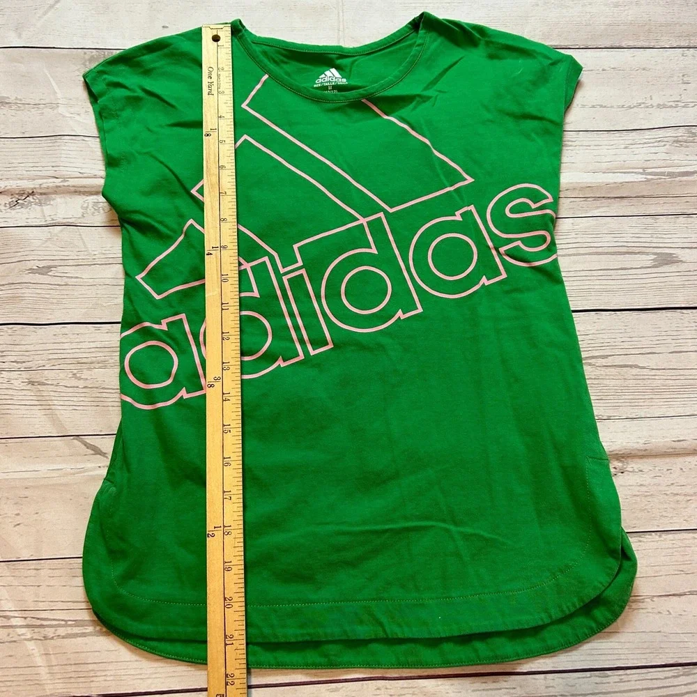 Adidas Short Sleeve‎ Cotton Green Tee Shirt With Pink Logo Girls Size M 10/12